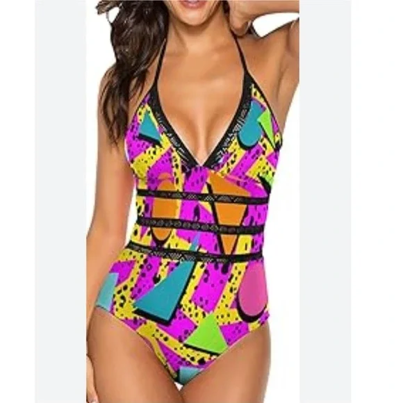 Retro 90s Neon Geometric Animal Print One Piece Halter Swimsuit Mesh Trim NWOT - Picture 1 of 6